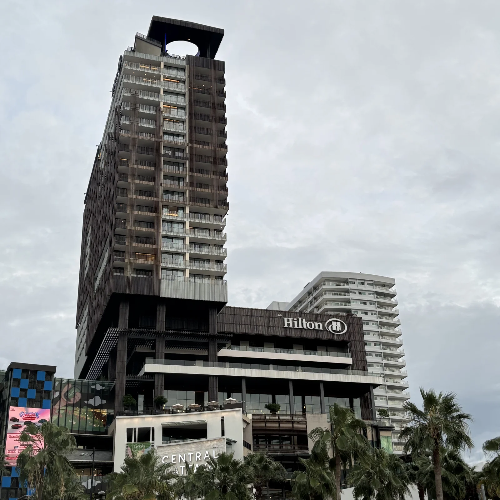 Hilton Pattaya tower and Hilton signage above the Central Pattaya shopping mall.